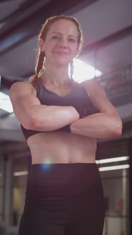 Vertical-Video-Portrait-Of-Smiling-Mature-Woman-Wearing-Fitness-Clothing-Standing-In-Gym-Ready-To-Exercise